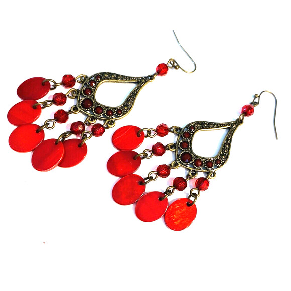Boho Fashion Pierced Earrings Antiqued Goldtone Red Beaded Dangle Hoops Festival - Picture 2 of 6